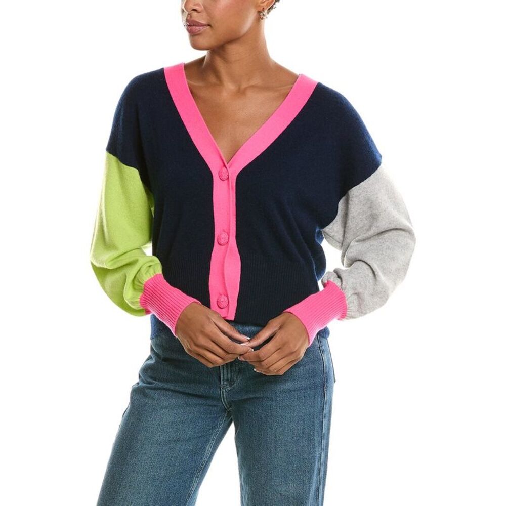 Brodie Cashmere Womens Colorblocked Balloon Sleeve Cashmere Cardigan, Blue